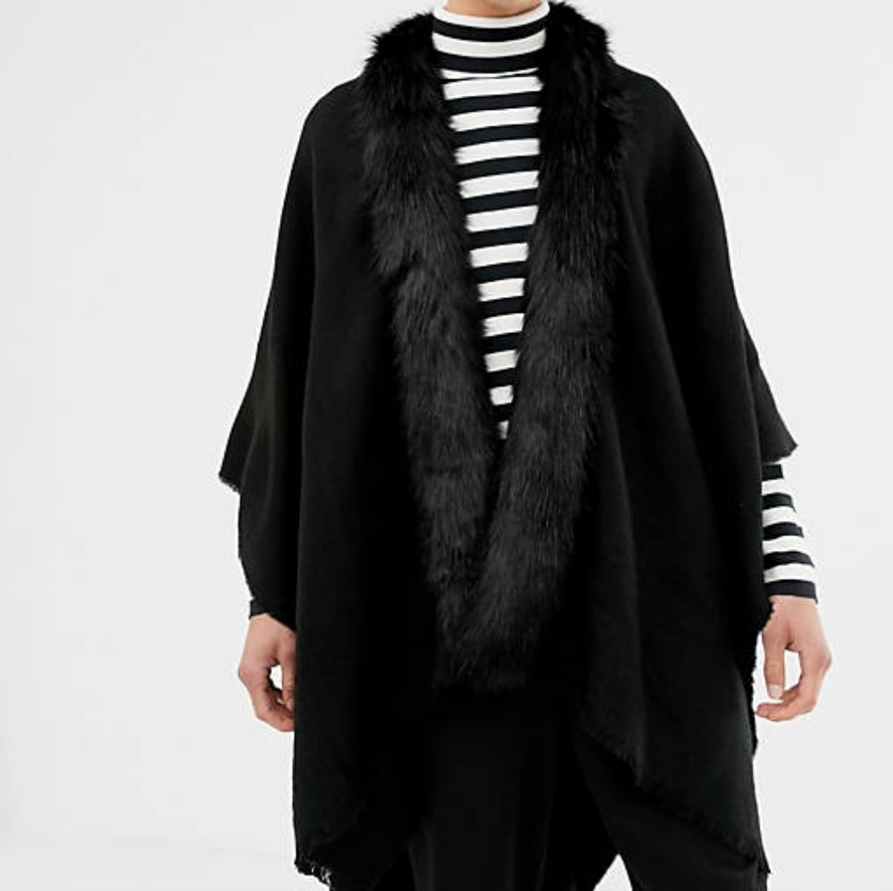 ASOS Black Faux Fur Trim Cape Coat